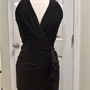 Betsy & Adam Black Column Dress with Front Ruffle